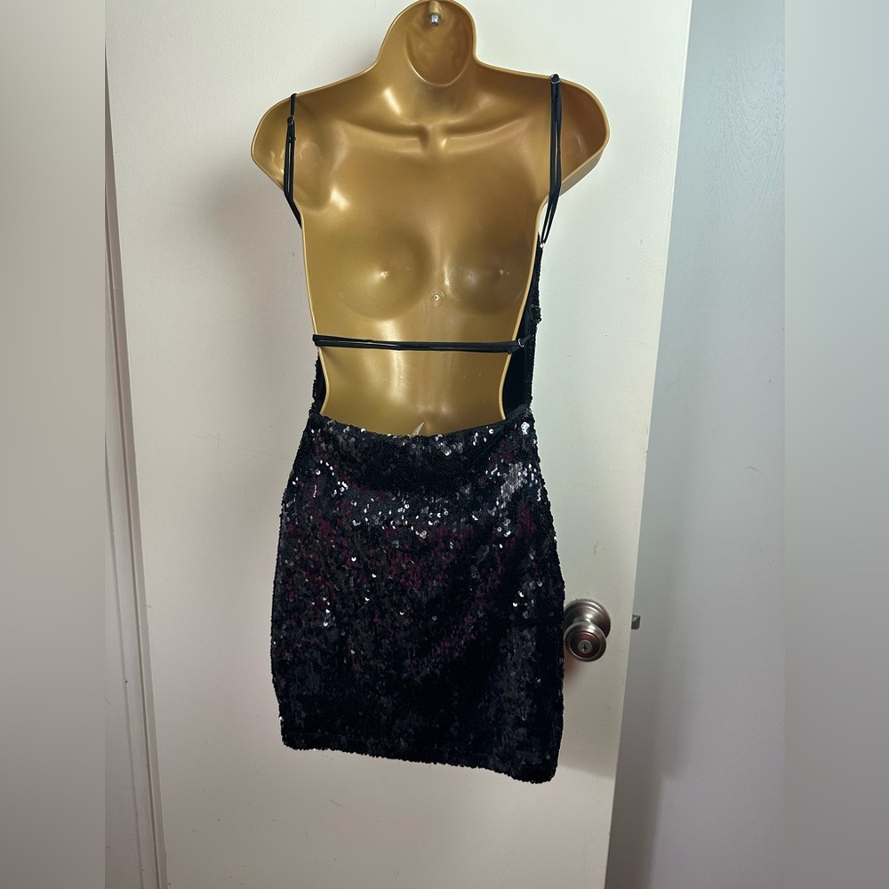 Lucy In The Sky Black-Silver Strappy Disco Sexy Open Back Sequin Mini Dress M - Picture 9 of 16